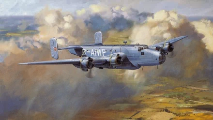 HD PC desktop wallpaper featuring a vintage military aircraft flying above a landscape with dramatic cloud formations.