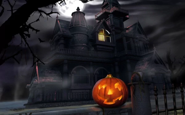 HD Halloween desktop wallpaper featuring a spooky castle, a glowing jack-o'-lantern, and a bat flying under a cloudy moonlit sky.