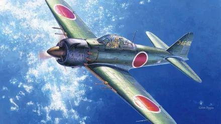 HD desktop wallpaper of a vintage Japanese military aircraft flying over clouds against a bright blue sky.