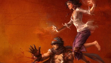 High-definition desktop wallpaper featuring characters from the video game Prince of Persia, showcasing a dynamic scene with the Prince and a female character against a vibrant orange background.