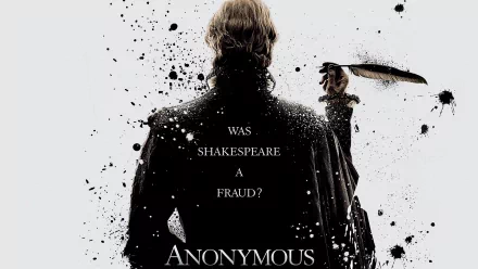 HD PC desktop wallpaper featuring a mysterious figure holding a dagger, with the text Was Shakespeare a fraud? from the movie Anonymous.