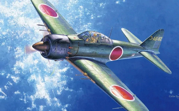 HD desktop wallpaper of a vintage Japanese military aircraft flying over clouds against a bright blue sky.