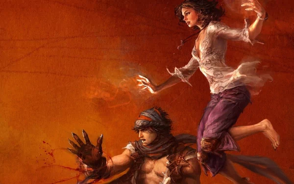 High-definition desktop wallpaper featuring characters from the video game Prince of Persia, showcasing a dynamic scene with the Prince and a female character against a vibrant orange background.