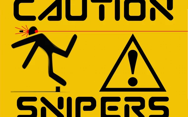 A bold HD desktop wallpaper featuring a warning sign with the text CAUTION SNIPERS alongside an illustration of a stick figure in a precarious situation.