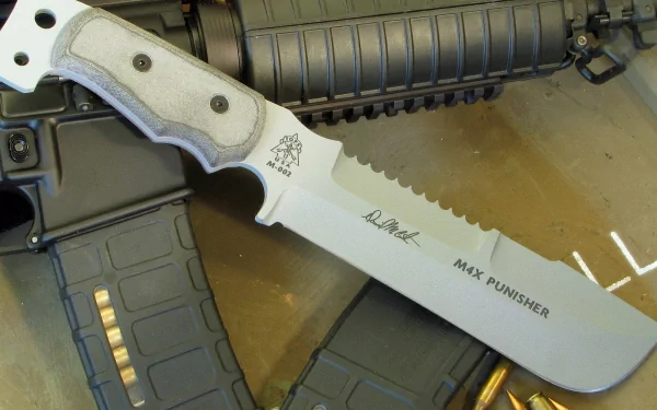 A close-up of a tactical knife with a sleek design, resting on a military-style background, showcasing its man-made craftsmanship as a striking HD desktop wallpaper.