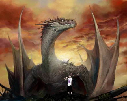 A high-definition fantasy wallpaper featuring a child standing in front of a towering, majestic dragon with a dramatic sunset sky in the background.
