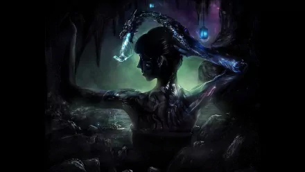 HD desktop wallpaper featuring a gothic, fantasy-style witch with tattoos, dark ambiance, and glowing lanterns in the background.