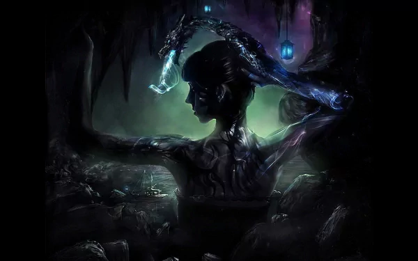 HD desktop wallpaper featuring a gothic, fantasy-style witch with tattoos, dark ambiance, and glowing lanterns in the background.