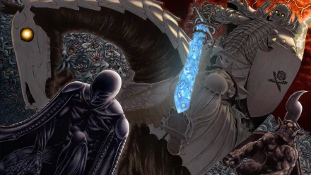 A vibrant HD wallpaper featuring Femto and Skull Knight from Berserk, showcasing intense anime artistry and dynamic action elements in a dramatic backdrop.