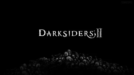 Darksiders II video game HD PC desktop wallpaper: white logo centered on a black background above a dim pile of skulls.