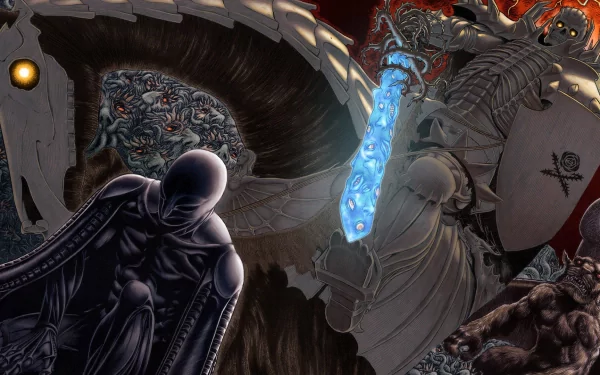 A vibrant HD wallpaper featuring Femto and Skull Knight from Berserk, showcasing intense anime artistry and dynamic action elements in a dramatic backdrop.
