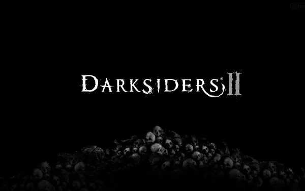 Darksiders II video game HD PC desktop wallpaper: white logo centered on a black background above a dim pile of skulls.