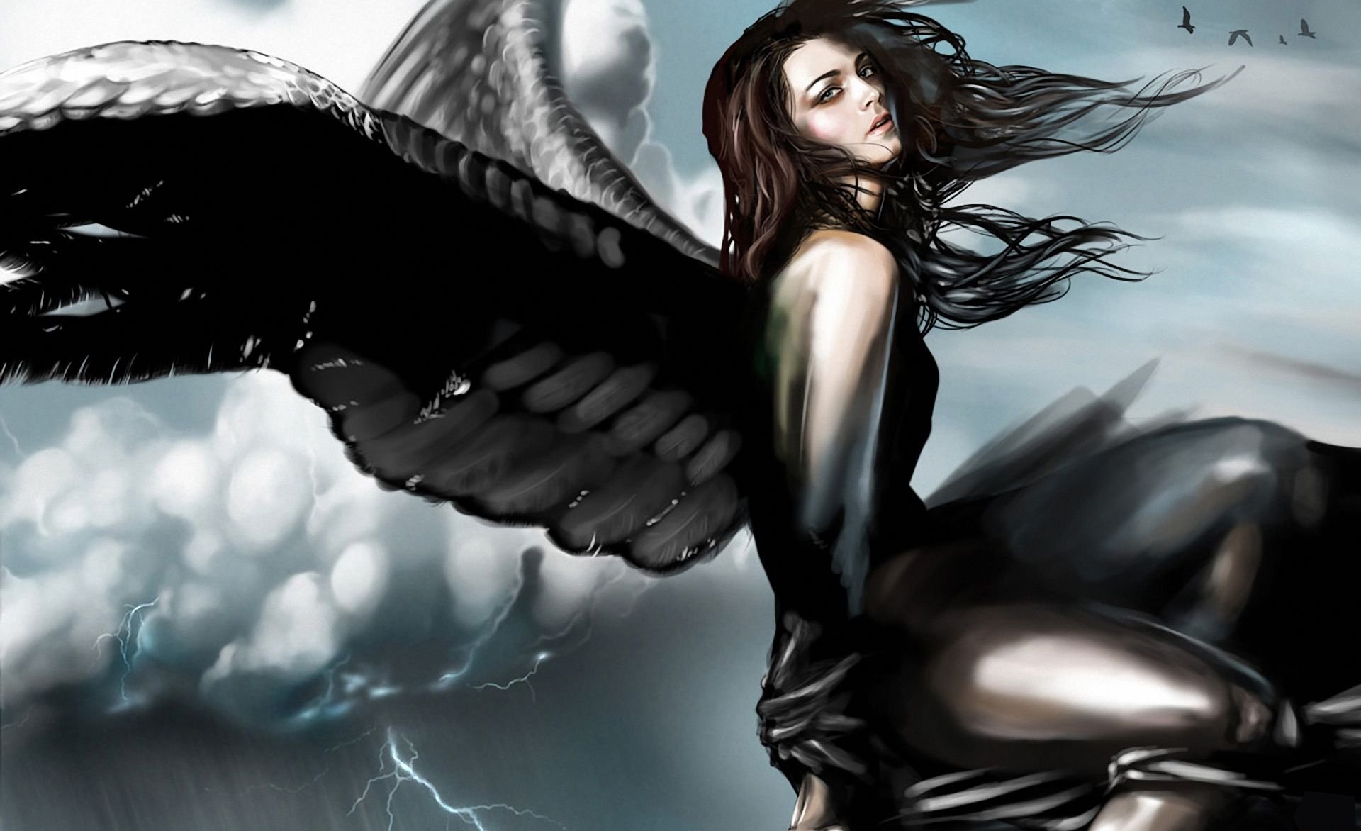 Fantasy-themed HD PC desktop wallpaper depicting a dark-winged angel with flowing hair against a stormy, cloud-filled sky.