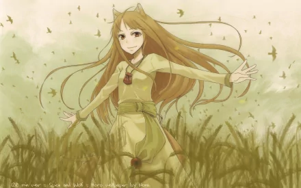 A serene HD desktop wallpaper featuring a character from Spice and Wolf, with long hair and a flowing dress, joyfully standing in a field surrounded by birds.