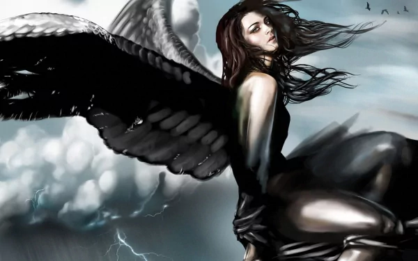 Fantasy-themed HD PC desktop wallpaper depicting a dark-winged angel with flowing hair against a stormy, cloud-filled sky.