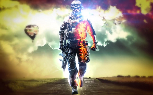 HD PC desktop wallpaper featuring a heavily armed soldier from the video game Battlefield 3, walking forward with fiery and smoky effects in the background.