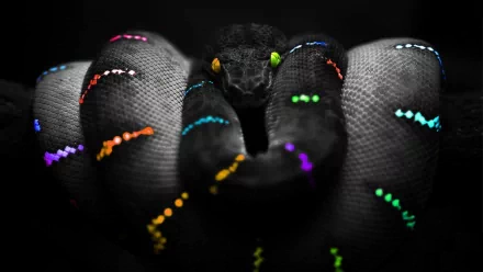 A striking HD wallpaper of a snake coiled in a dark setting, featuring vibrant patterns and glowing accents that enhance its captivating presence.
