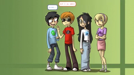 HD PC desktop wallpaper featuring colorful comic-style characters from Homestuck, standing against a green background with expressive dialogue balloons.
