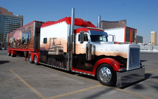 HD desktop wallpaper featuring a vibrant truck with custom reflective artwork, parked in an urban setting against a clear blue sky.
