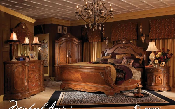 An elegant room featuring luxurious chocolate-toned furniture, a grand chandelier, and rich textiles, creating a sophisticated atmosphere in this HD desktop wallpaper.