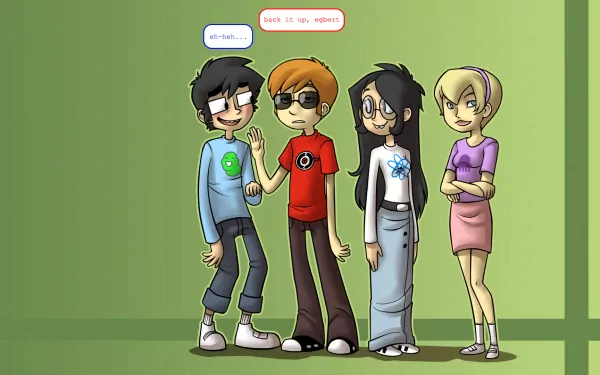 HD PC desktop wallpaper featuring colorful comic-style characters from Homestuck, standing against a green background with expressive dialogue balloons.