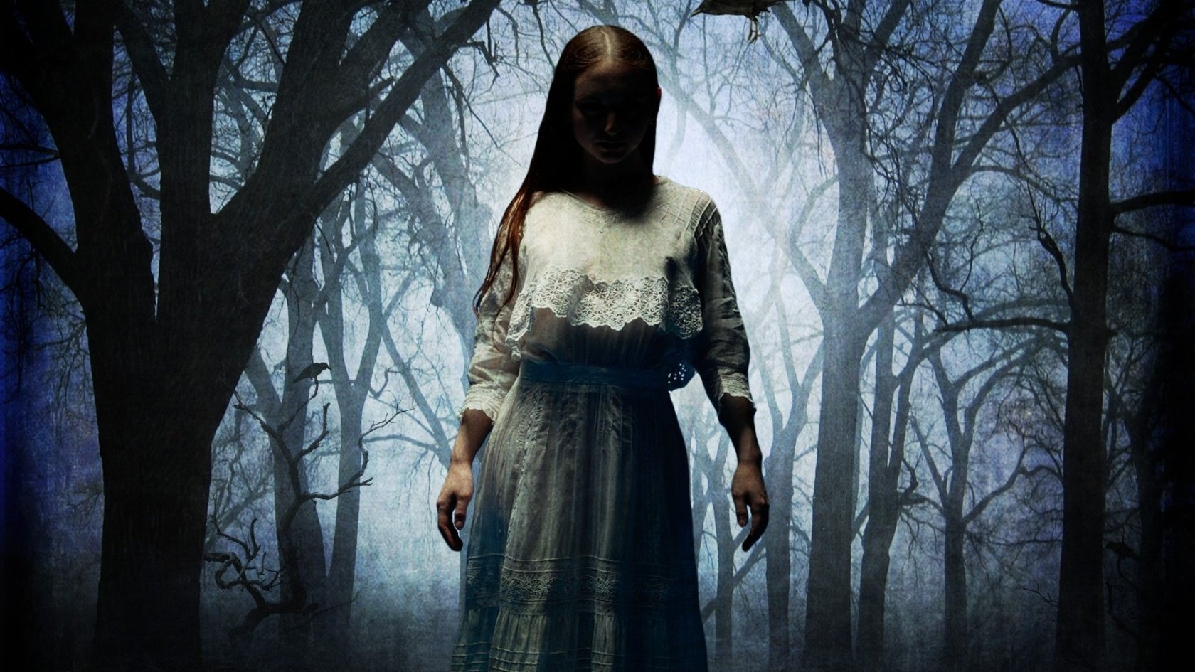 Dark Elegance: Mystical Woman in the Woods - HD Wallpaper