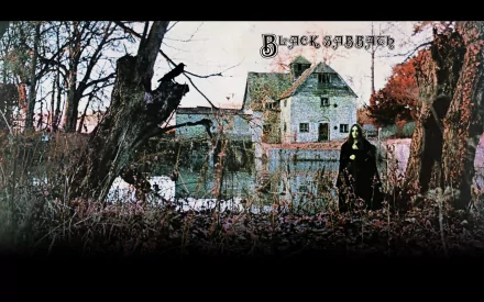 A haunting HD wallpaper featuring a dark scene with eerie trees and a mysterious figure, styled with the iconic Black Sabbath logo, capturing the essence of heavy metal music.