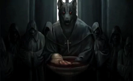 HD dark fantasy PC wallpaper depicting a menacing wolf-headed figure in a cloak holding a bowl, surrounded by shadowy hooded figures in a dim, eerie setting.