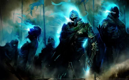 HD PC desktop wallpaper: Guild Wars 2 video game scene of glowing blue spectral armored figures and wraiths advancing through mist, shadowy banners and eerie light.