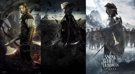 HD desktop wallpaper featuring Chris Hemsworth, Charlize Theron, and Kristen Stewart from the movie Snow White and the Huntsman, showcasing dramatic fantasy scenes.