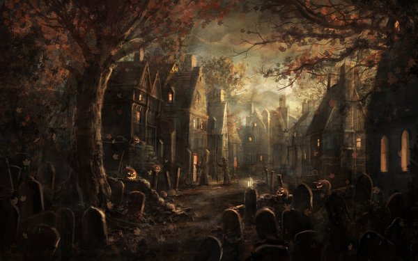 Día festivo Halloween Otoño Fantasía Casa Aldea Fondo de pantalla HD | Fondo de Escritorio