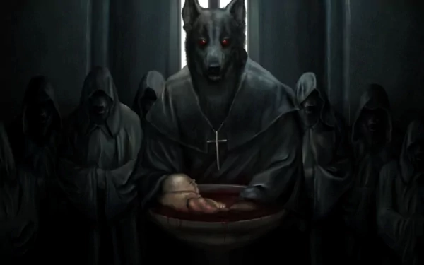 HD dark fantasy PC wallpaper depicting a menacing wolf-headed figure in a cloak holding a bowl, surrounded by shadowy hooded figures in a dim, eerie setting.