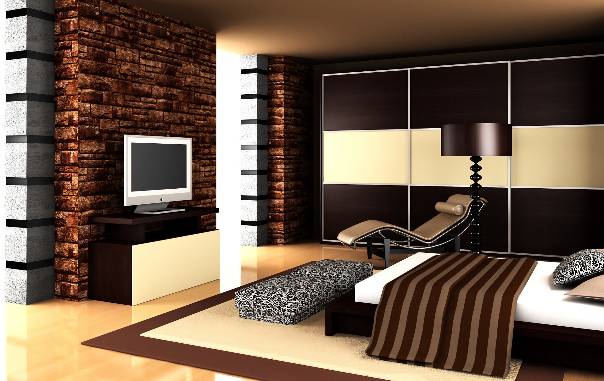 4K Ultra HD desktop wallpaper of a modern room featuring a brown stone fireplace, sleek furniture, and warm lighting.