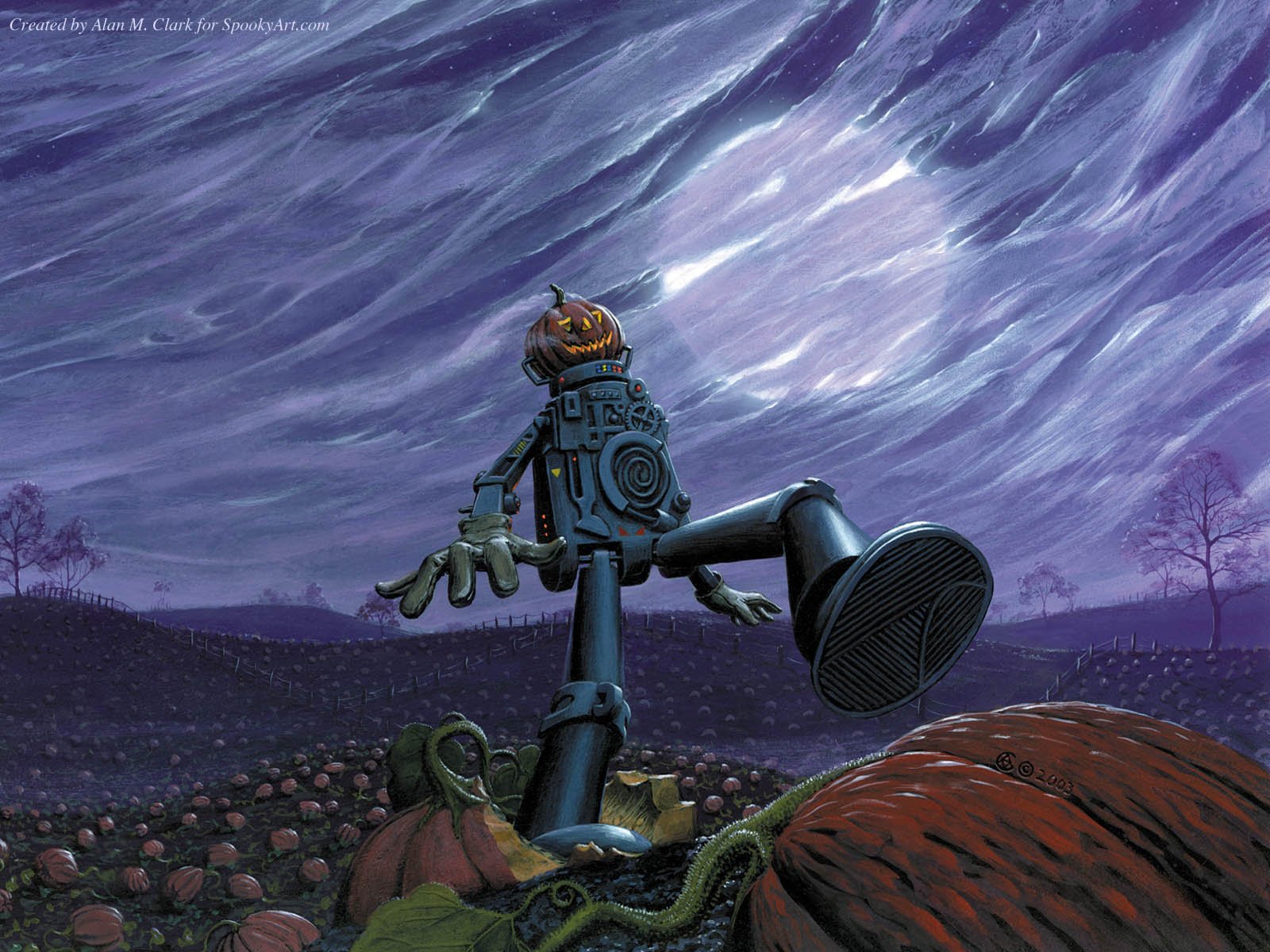 HD PC desktop wallpaper featuring a whimsical robot with a pumpkin head walking under a glowing full moon on a spooky Halloween night holiday scene.