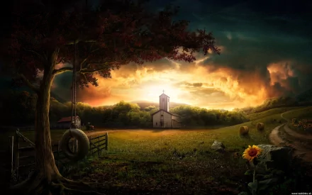 A serene landscape featuring a quaint church surrounded by lush fields under a dramatic sky, accented by a tree, a sunflower, and silhouettes of distant animals. Artistic and picturesque.