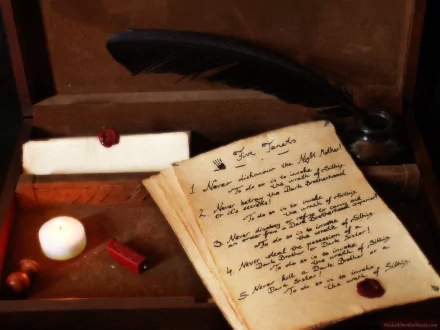 HD desktop wallpaper featuring a feather quill, parchment paper, and a candle, inspired by The Elder Scrolls IV: Oblivion.