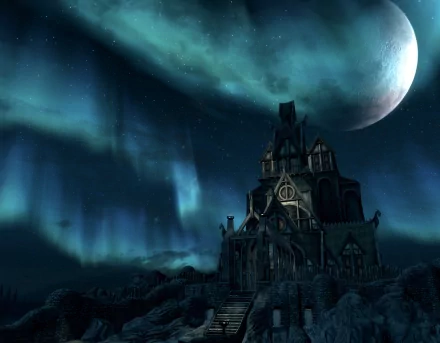 HD desktop wallpaper of a building under a moonlit sky from the video game The Elder Scrolls V: Skyrim. The celestial scene features auroras, providing a mystical background for the prominent structure.