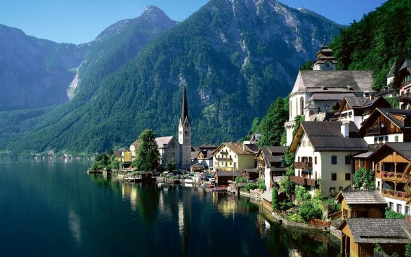 Man Made Hallstatt Towns Austria Mountain Lake Town HD Wallpaper | Background Image
