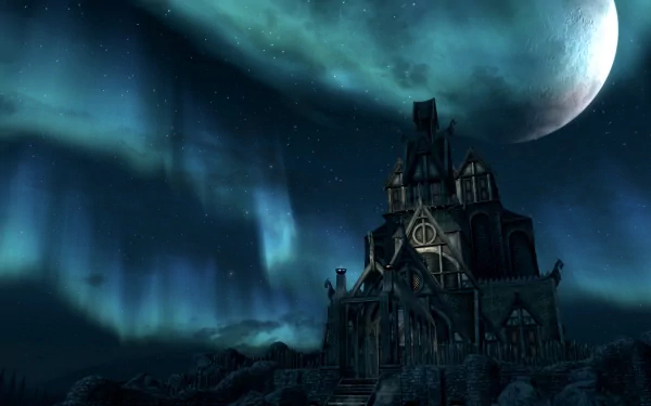 HD desktop wallpaper of a building under a moonlit sky from the video game The Elder Scrolls V: Skyrim. The celestial scene features auroras, providing a mystical background for the prominent structure.