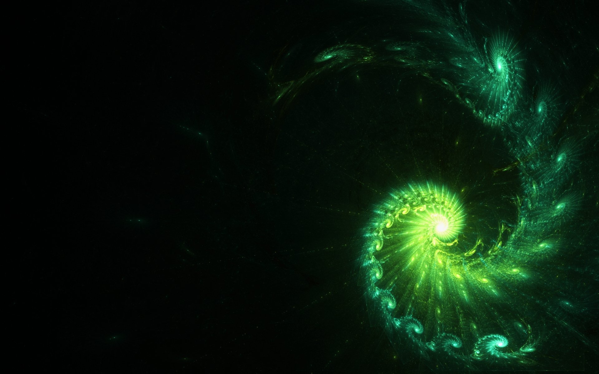 Luminous green fractal spiral on a deep black field — abstract green HD PC desktop wallpaper and background with swirling, glowing tendrils.