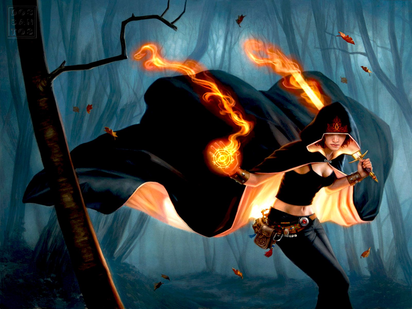 A dynamic woman warrior in a dark forest, wielding fiery magic, embodies strength and fantasy. This HD image serves as a captivating desktop wallpaper and background.