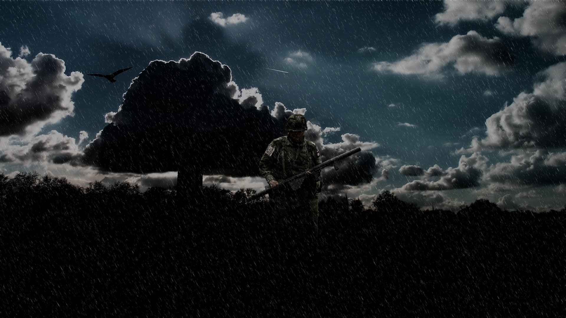 Artistic military HD PC desktop wallpaper background: silhouette of a soldier with rifle standing in heavy rain beneath dramatic night clouds, a lone bird circling above.