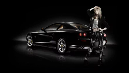 A stylish woman poses confidently beside a sleek black car, set against a dark background, creating a striking HD desktop wallpaper and background.