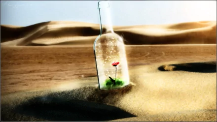 A dreamlike artistic depiction features a delicate flower encased in a glass bottle, set against a vast desert landscape, serving as a captivating HD desktop wallpaper.