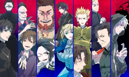 A dynamic HD desktop wallpaper featuring characters from the anime Fate/Zero, showcasing a diverse array of intense expressions and vibrant backgrounds.