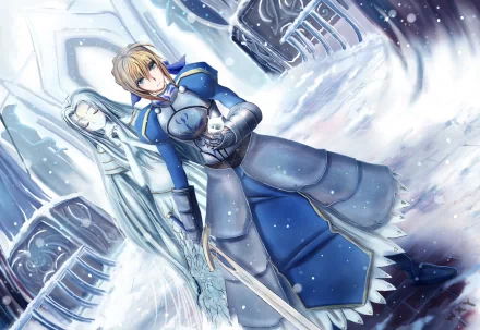 HD anime desktop wallpaper featuring Saber from Fate/Zero standing in a snowy, icy landscape with a statue of Irisviel Von Einzbern in the background.