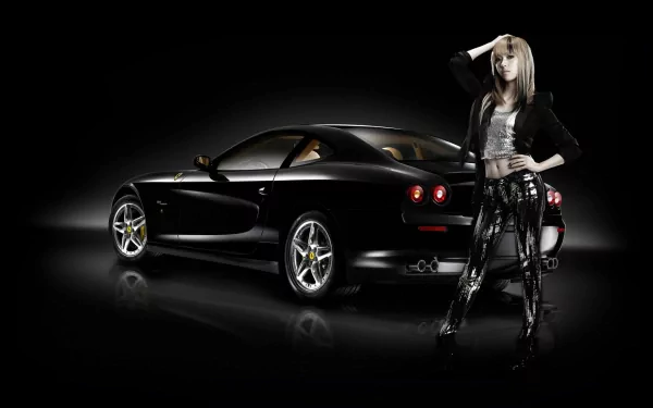 A stylish woman poses confidently beside a sleek black car, set against a dark background, creating a striking HD desktop wallpaper and background.
