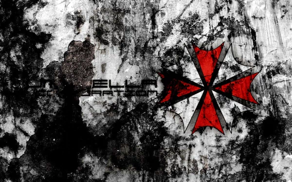 A HD desktop wallpaper featuring a distressed background with the iconic red and white emblem from the Resident Evil video game series.