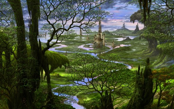 Fantasy Castle Castles Tree Green Forest Water Sky Cloud HD Wallpaper | Background Image