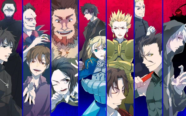 A dynamic HD desktop wallpaper featuring characters from the anime Fate/Zero, showcasing a diverse array of intense expressions and vibrant backgrounds.